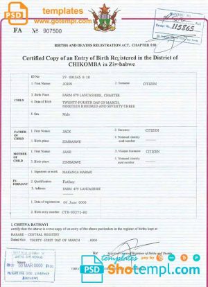 editable template, Zimbabwe birth certificate template in PSD format, fully editable