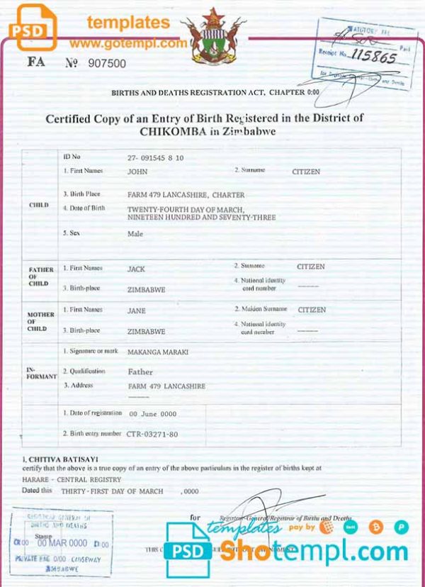 editable template, Zimbabwe birth certificate template in PSD format, fully editable