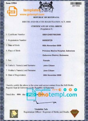 editable template, Botswana birth certificate template in PSD format, fully editable