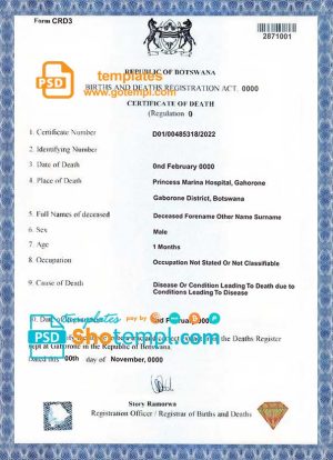 editable template, Botswana death certificate template in PSD format, fully editable