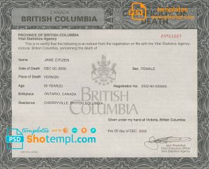 editable template, Canada British Columbia death certificate template in PSD format