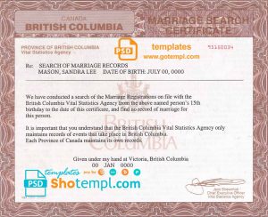 editable template, Canada British Columbia marriage certificate template in PSD format