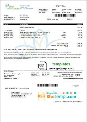 editable template, Canada British Columbia City of Vancouver utility bill template in Word and PDF format