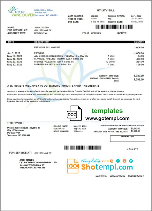editable template, Canada British Columbia City of Vancouver utility bill template in Word and PDF format