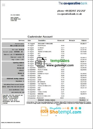editable template, United Kingdom The Co-operative bank statement in Word and PDF format