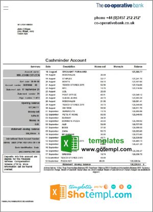 editable template, United Kingdom The Co-operative bank statement in Excel and PDF format