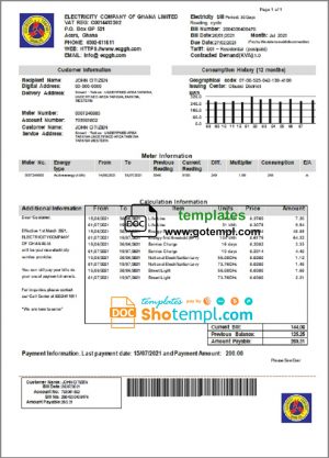 editable template, Ghana Electricity Company of Ghana utility bill template in Word and PDF format