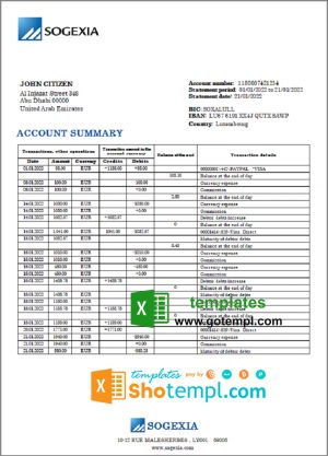 editable template, Luxembourg Sogexia Bank statement template in Excel and PDF format