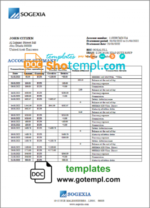editable template, Luxembourg Sogexia Bank statement template in Word and PDF format