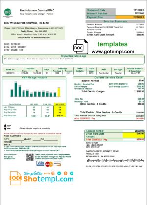 editable template, USA Indiana Bartholomew County REMC utility bill template in Word and PDF format