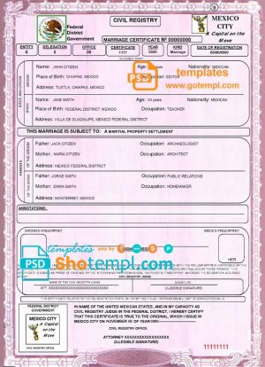 editable template, Mexico marriage certificate template in PSD format, fully editable