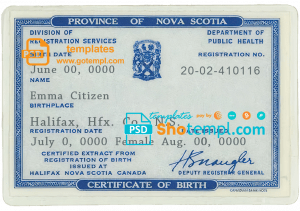 editable template, Canada Province of Nova Scotia birth certificate template in PSD format