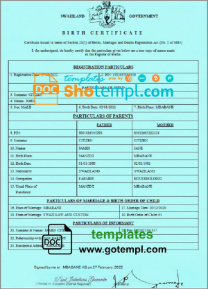 editable template, Swaziland birth certificate template in Word and PDF format