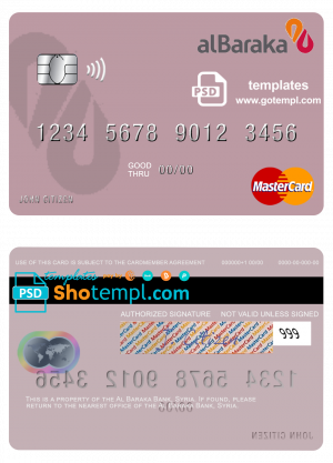 editable template, Syria Al Baraka Bank mastercard template in PSD format