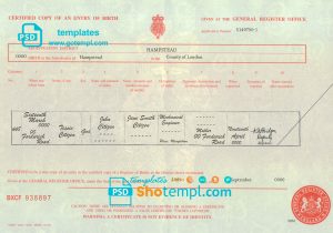 editable template, United Kingdom birth certificate template in PSD format, fully editable