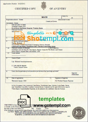 editable template, United Kingdom death certificate template in Word and PDF format