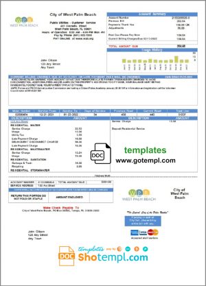 editable template, USA Florida City of West Palm Beach utility bill template in Word and PDF format