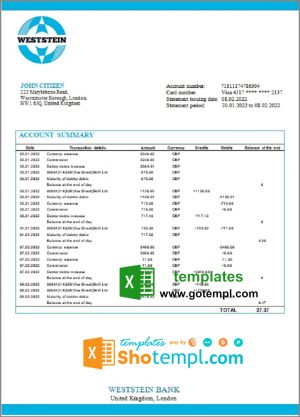 editable template, United Kingdom WestStein Bank statement template in Excel and PDF format