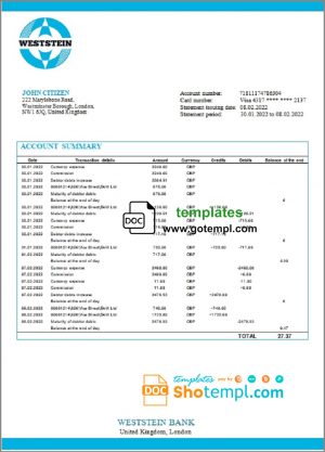 editable template, United Kingdom WestStein Bank statement template in Word and PDF format