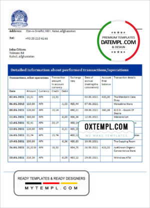 editable template, Afghanistan Da Afghanistan bank statement template in Excel an PDF format