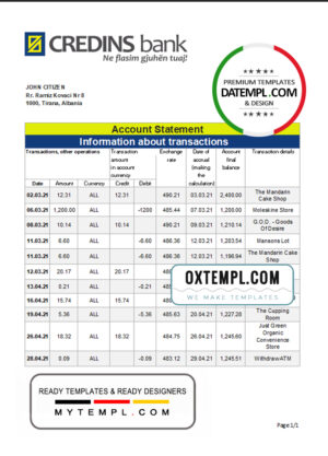 editable template, Albania Credins bank statement template in Excel and PDF format