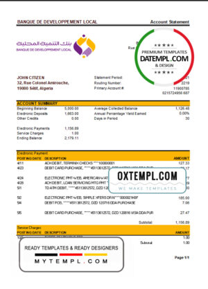 editable template, Algeria Banque De Developpement Local bank statement template in Excel and PDF format