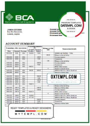 editable template, Angola Banco Comercial Angolano statement template in Excel and PDF format