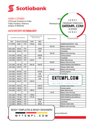 editable template, Antigua and Barbuda Scotiabank bank statement template in Excel and PDF format