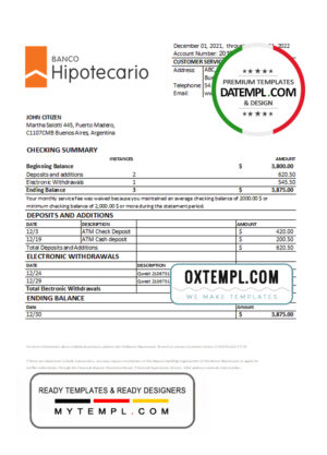 editable template, Argentina Banco Hipotecario bank statement template in Excel and PDF format
