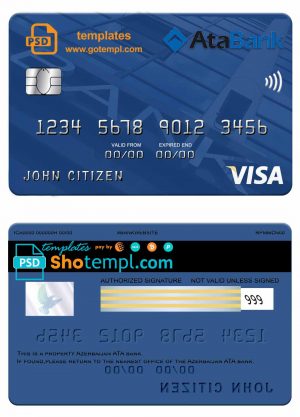 editable template, Azerbaijan ATA bank visa credit card template in PSD format