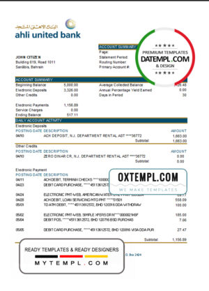 editable template, Bahrain Ahli United bank statement template in Excel and PDF format