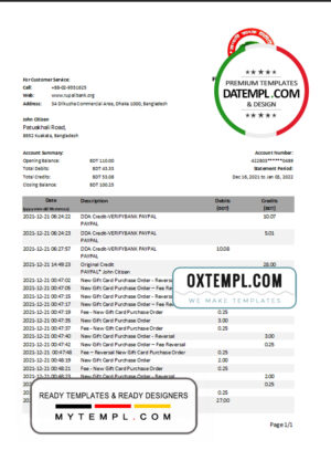 editable template, Bangladesh Rupalii bank statement template in Excel and PDF format