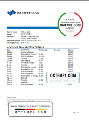 editable template, Belarus Paritet bank statement template in Excel and PDF format