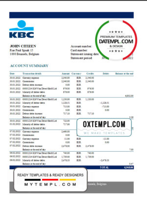 editable template, Belgium KBC bank statement template in Excel and PDF format
