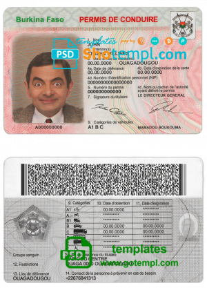 editable template, Burkina Faso driving license template in PSD format, fully editable