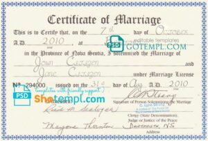 editable template, Canada Province of Nova Scotia marriage certificate template in PSD format