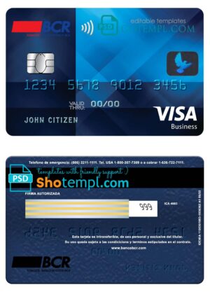 editable template, Costa Rica The Bank of Costa Rica bank visa business credit card template in PSD format