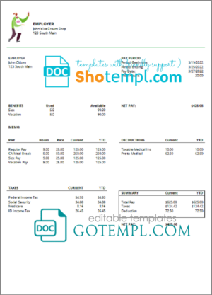 editable template, # green culture pay stub template in Word and PDF format