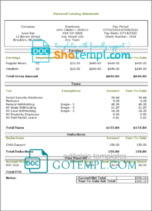 editable template, # smooth slick pay stub template in Word and PDF format