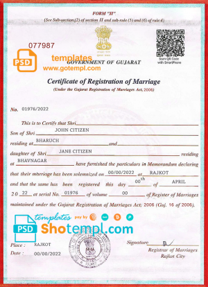 editable template, India Government of Gujarat marriage certificate template in PSD format