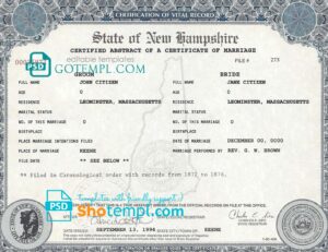 editable template, USA New Hampshire state marriage certificate template in PSD format, fully editable