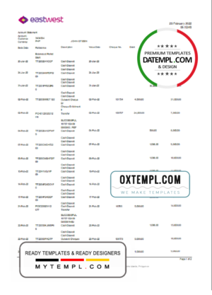 editable template, Philippines EastWest bank statement template in Excel and PDF format