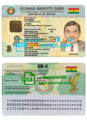 editable template, Ghana ID template in PSD format, fully editable, with all fonts
