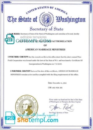 editable template, USA Washington state marriage certificate template in PSD format