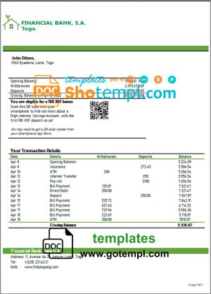 editable template, Togo Financial Bank statement template in Word and PDF format