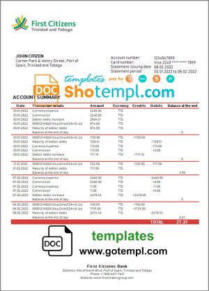editable template, Trinidad and Tobago First Citizens Bank statement template in Word and PDF format