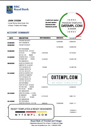 editable template, Trinidad and Tobago Royal Citizens Bank statement template in Word and PDF format