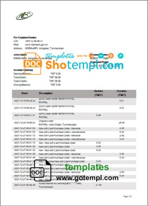 editable template, Turkmenistan HalkBank bank statement template, Word and PDF format (.doc and .pdf)