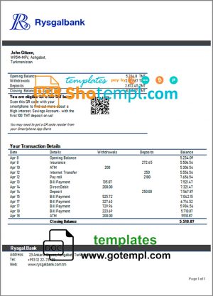 editable template, Turkmenistan Rysgal bank statement template, Word and PDF format (.doc and .pdf)