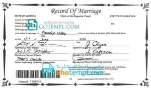 editable template, USA Arizona state marriage certificate template in PSD format